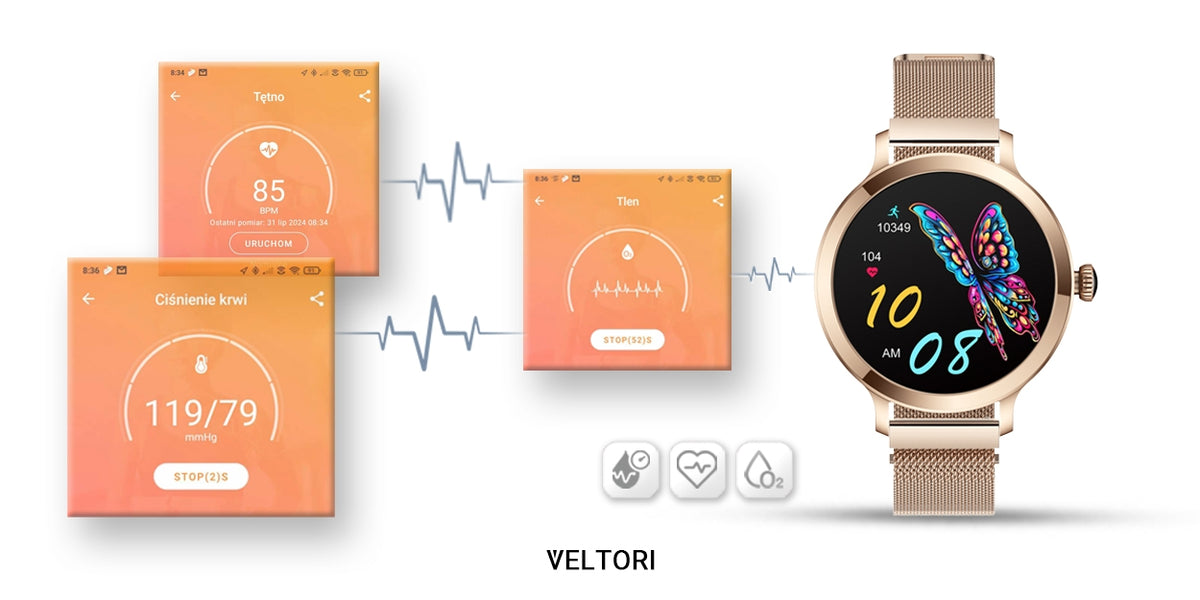 Smartwatch Damski VELTORI VT340-1 Złota Bransoleta + Różowy Pasek Silikonowy